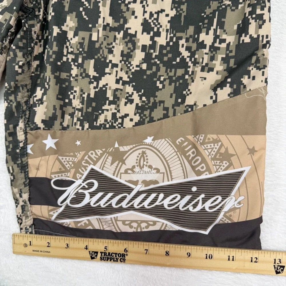 Budweiser Mens XL Digital Camo Board Shorts Green Swim Trunks Logo Mesh Lining